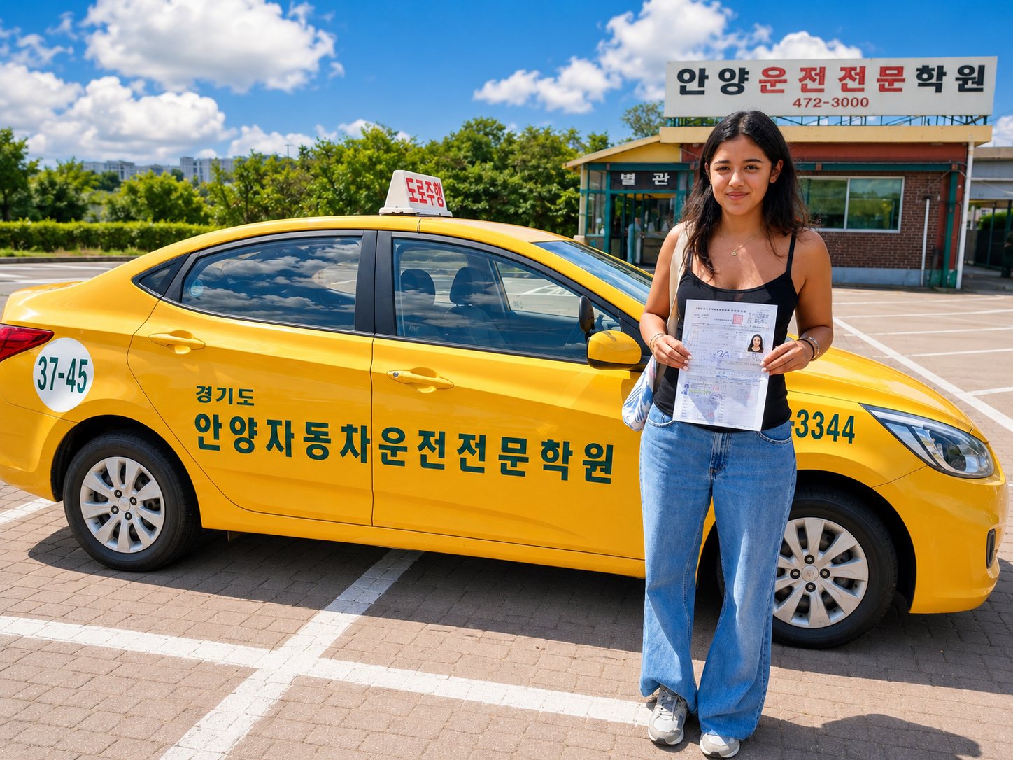 Foreign student holding a newly issued Korean driver's licence at Anyang Driving School