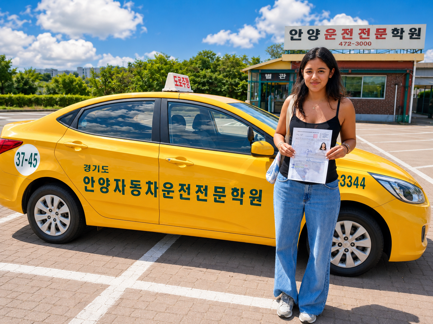 Foreign student holding a newly issued Korean driver's license at Anyang Driving School