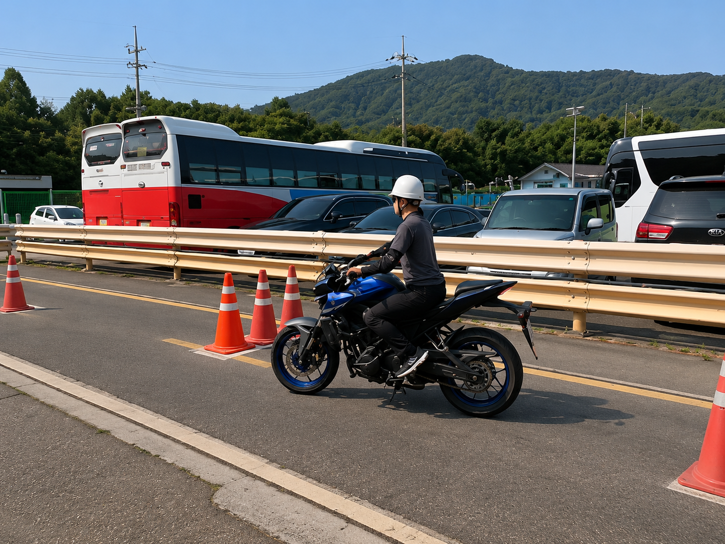 Rider taking the Class 2 Small motorcycle course test at SDA